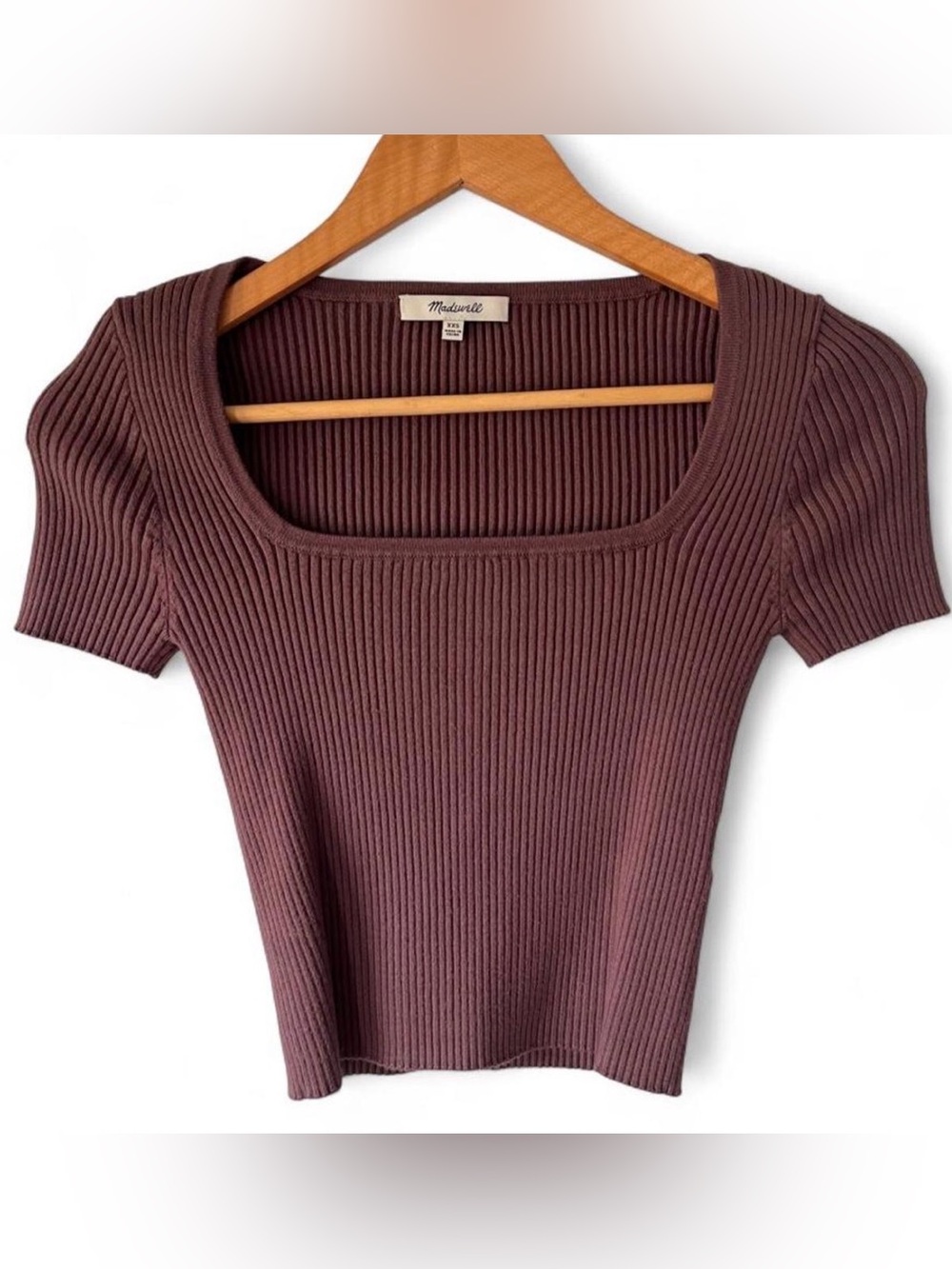 Madewell Ribbed Square-Neck Short Sleeve Top in Mauve